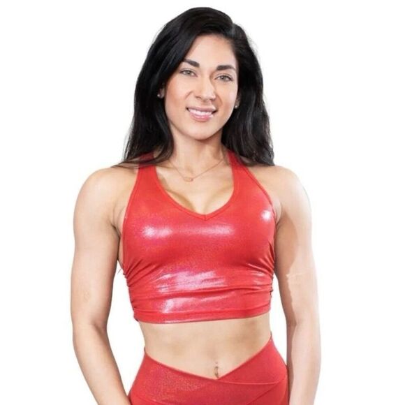 ACBikinis NWT Metallic Racerback Cropped Tank Sports Bra in Red Size Medium - Picture 1 of 10